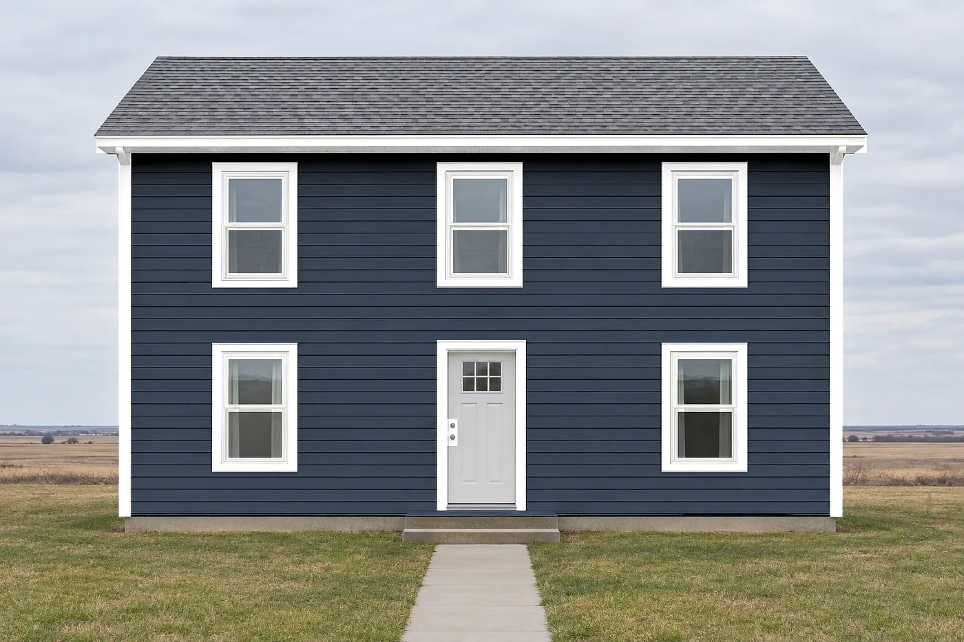 After: two-story home with faded siding and worn trim, then navy lap siding with white trim and windows