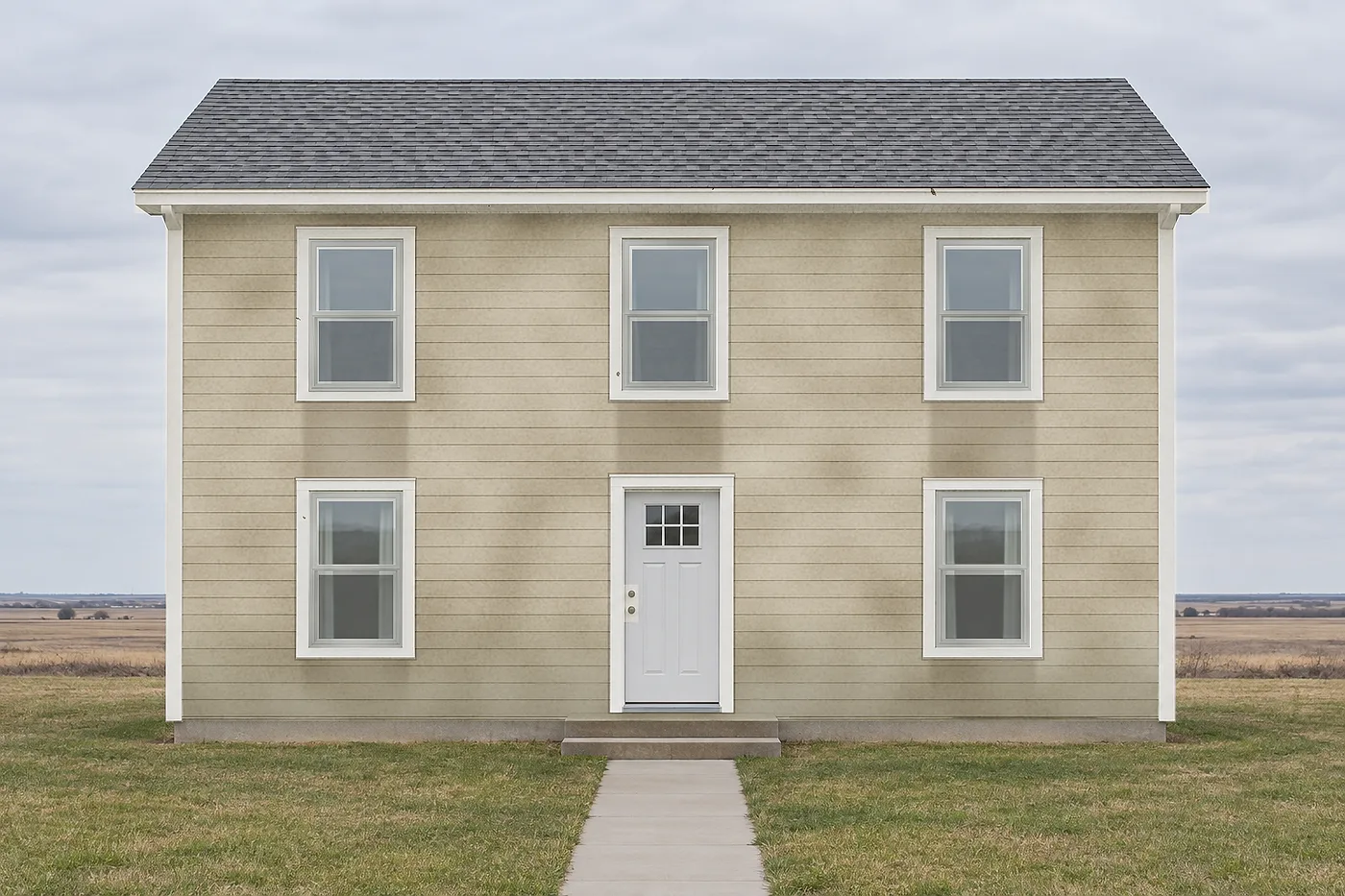Before: two-story home with faded siding and worn trim, then navy lap siding with white trim and windows