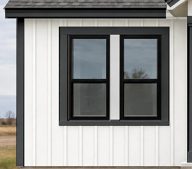 After: cracked, faded lap siding and peeling trim, then new white board and batten with black trim