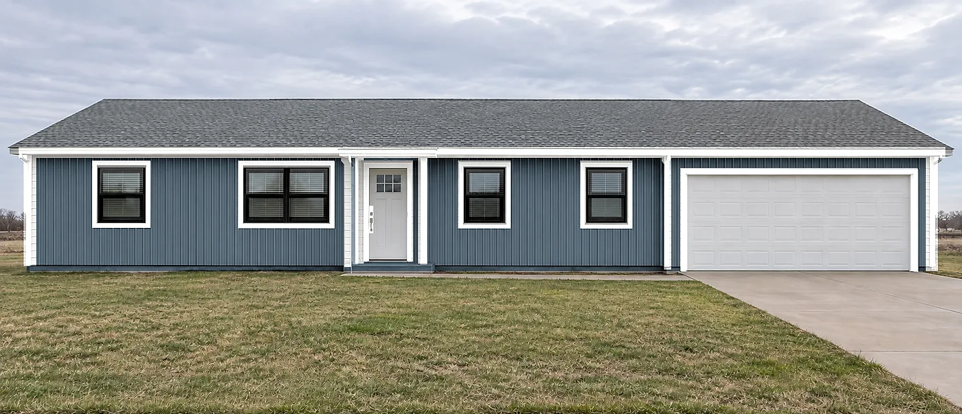 After: ranch home with attached garage